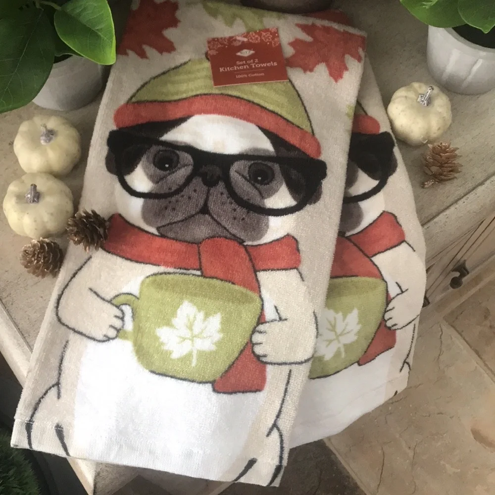 Adorable Fall Pug plush kitchen towels 100% cotton